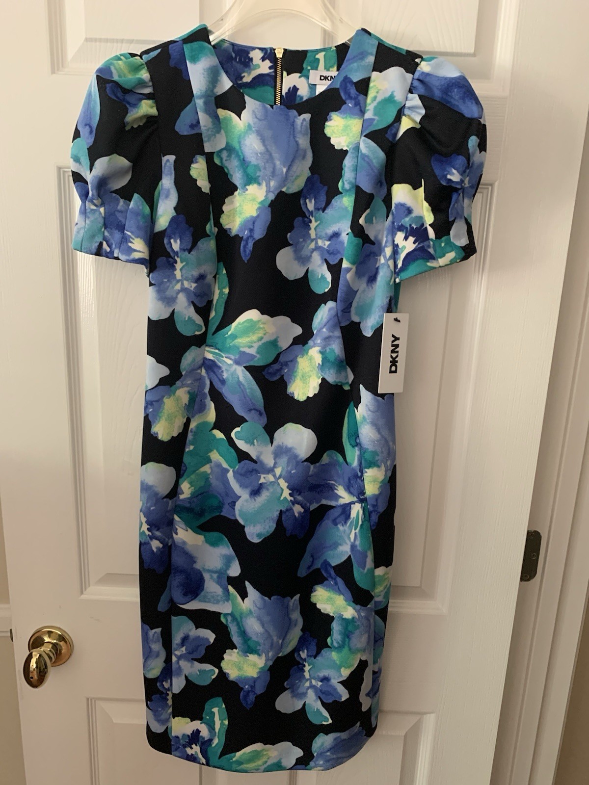 NWT DKNY Dress: Black W/Blue Floral Print, Crewneck, Shift/Bodycon Style, 4