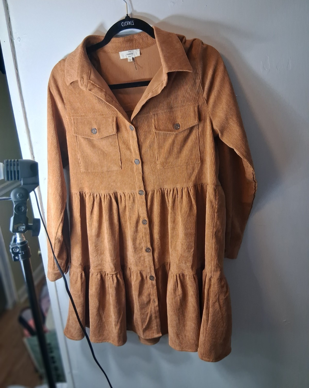 Entro Brown Solid Corduroy Collared Button Front Shirt Dress Pockets Size S