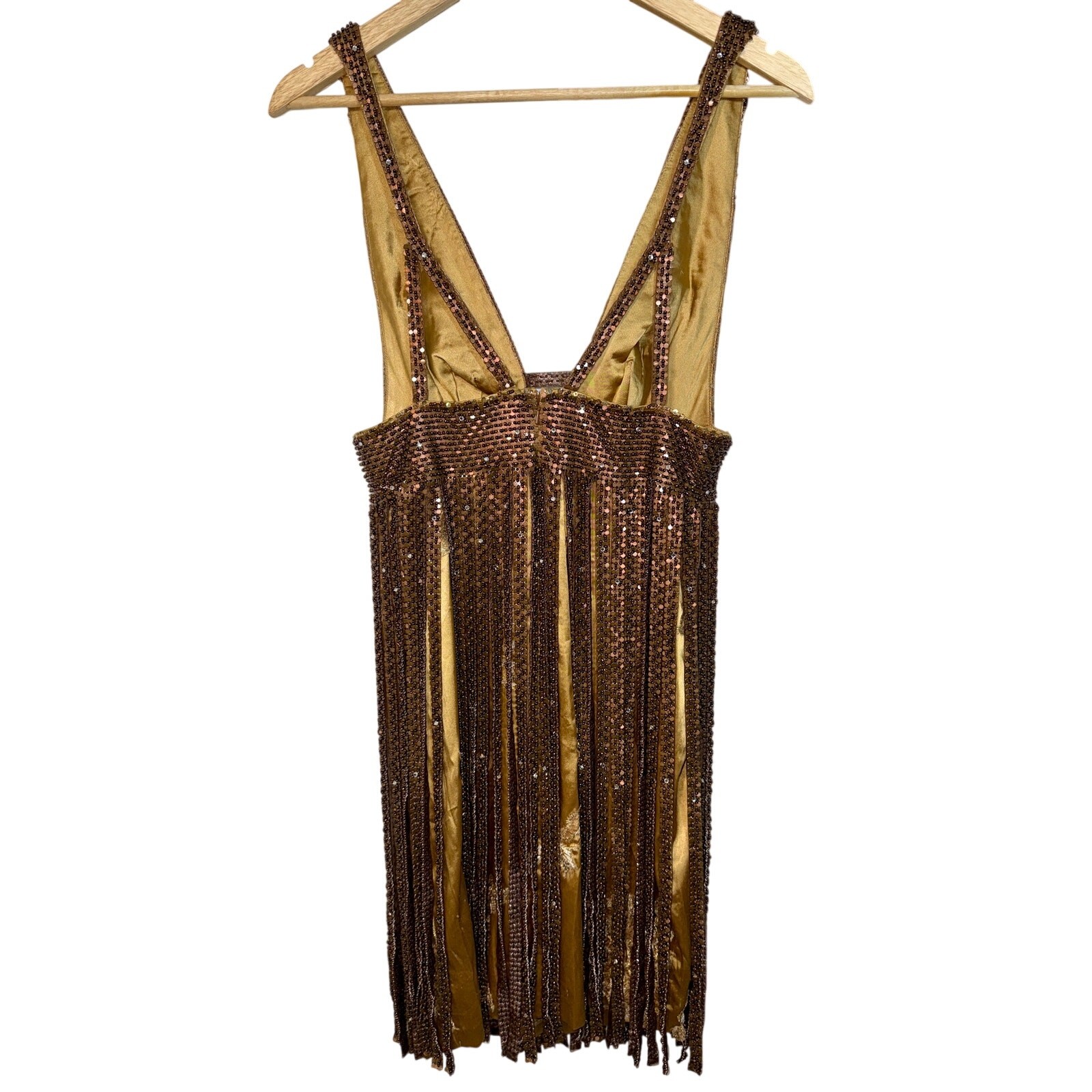 NWT Mandalay Gold Beaded Fringe Studded Sequin Mini Cocktail Party Dress Size 10