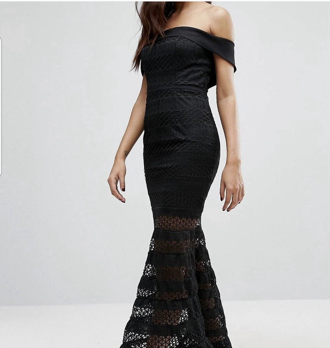 Jarlo Teagan Bardot Lace Maxi Dress Sz 4 Black Gothic Glam Formal Dark Romantic
