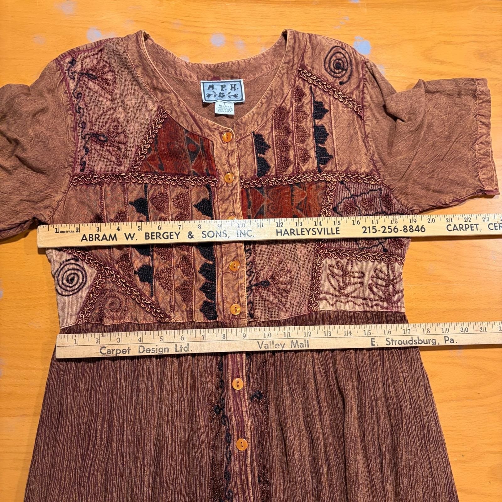 MPH Brown Patchwork Embroidered Rayon Midi Dress L Earthy Festival Vintage 90s