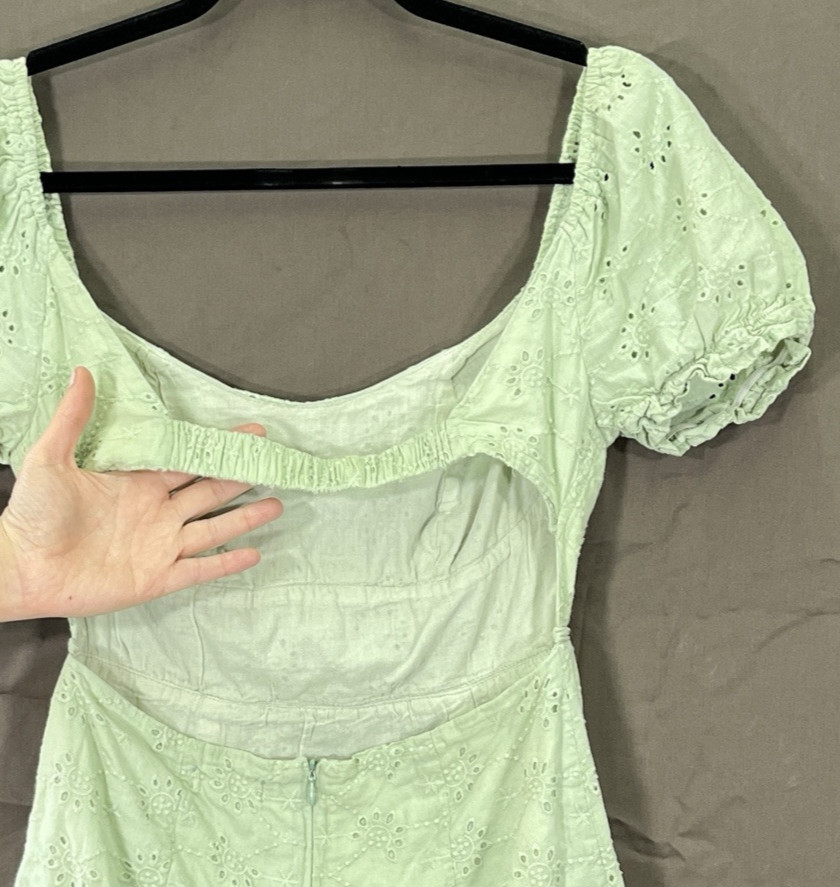 ALTAR’D STATE Mint EYELET On/Off Shoulder OPEN-BACK Hippie Peasant MINI DRESS M