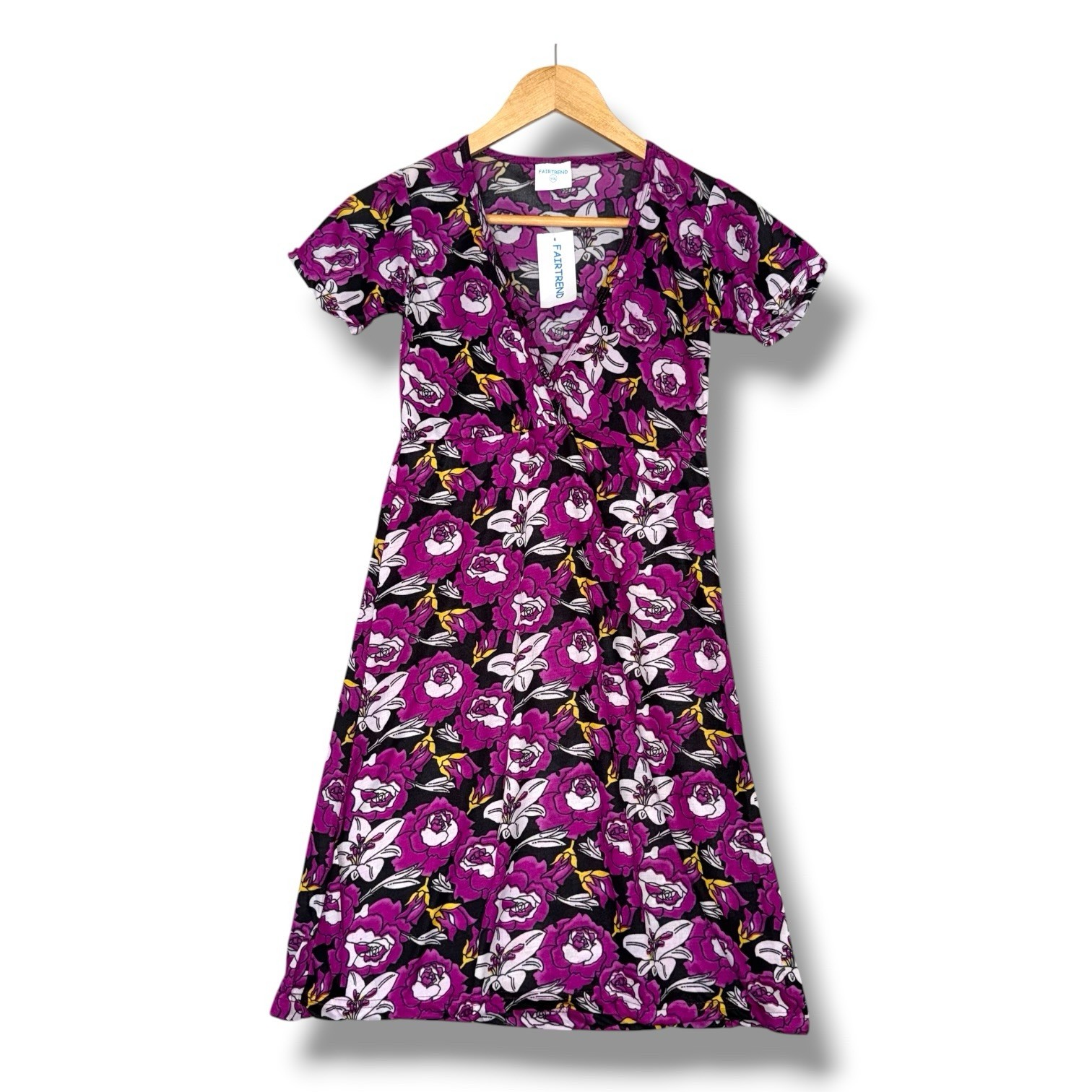 Fairtrend Purple Floral Wrap Style Midi Dress UK 10 12 Stretch Summer Tea Dress
