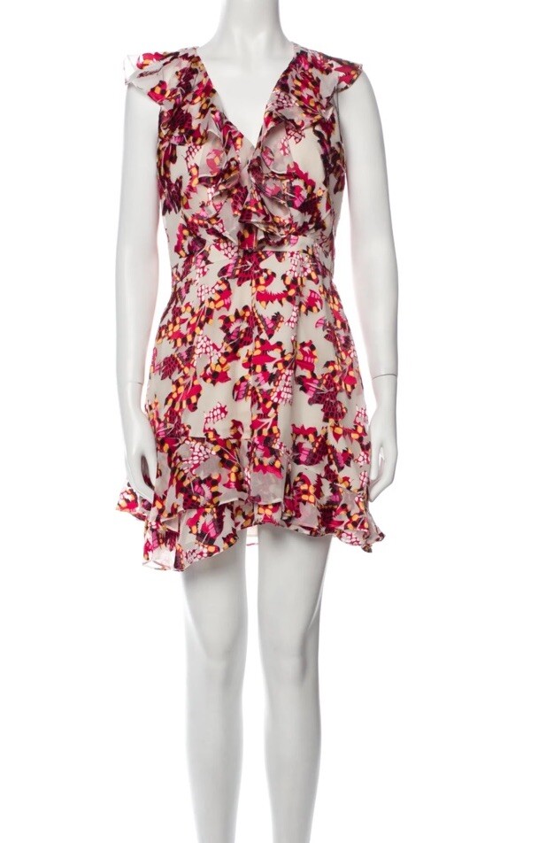 New Abstract Printed V-Neck Flounce Silk Short Dress from SALONI Women’s Size 4