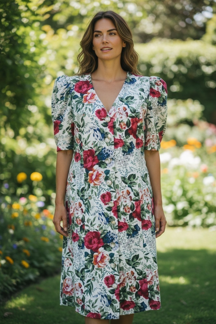 Vintage 80s90s All That Jazz Floral Puff Sleeve Dress Pearly Rose Buttons Sz 7/8