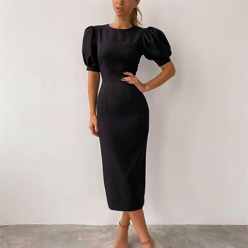 Women Round Neck Short Bubble Sleeves High Waist Elegant Wrap Solid Color Dress