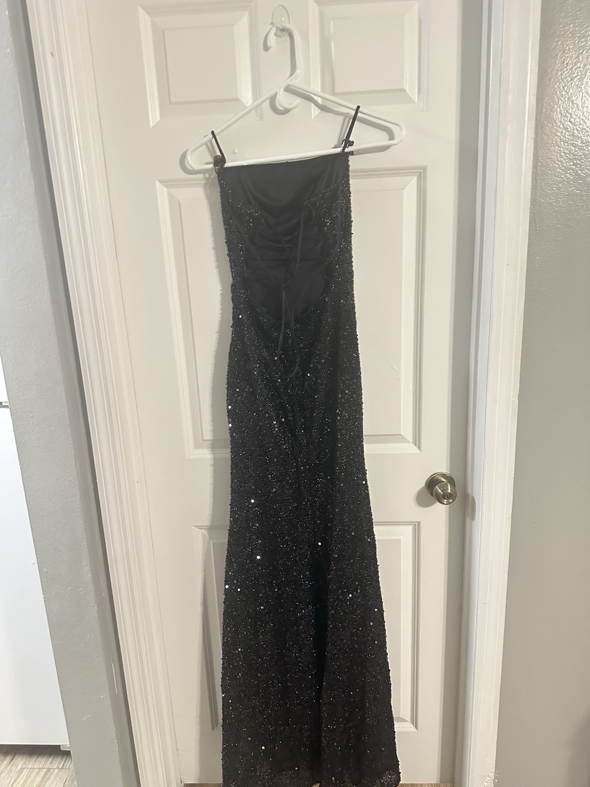 Beautiful black, full length, sequined prom dress with lace up back Size Xs