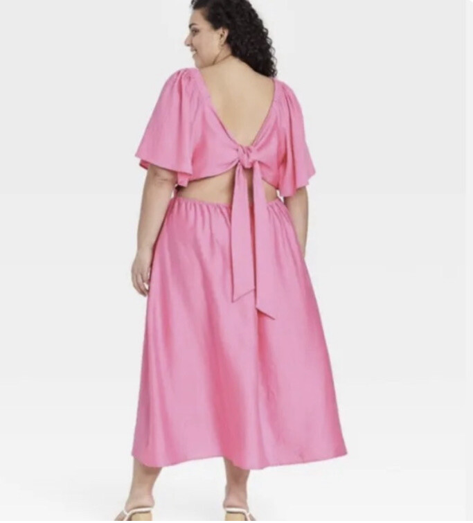 A New Day Dress XL Pink Tie Back Open Back Short Flutter Sleeves Lyocell NWOT