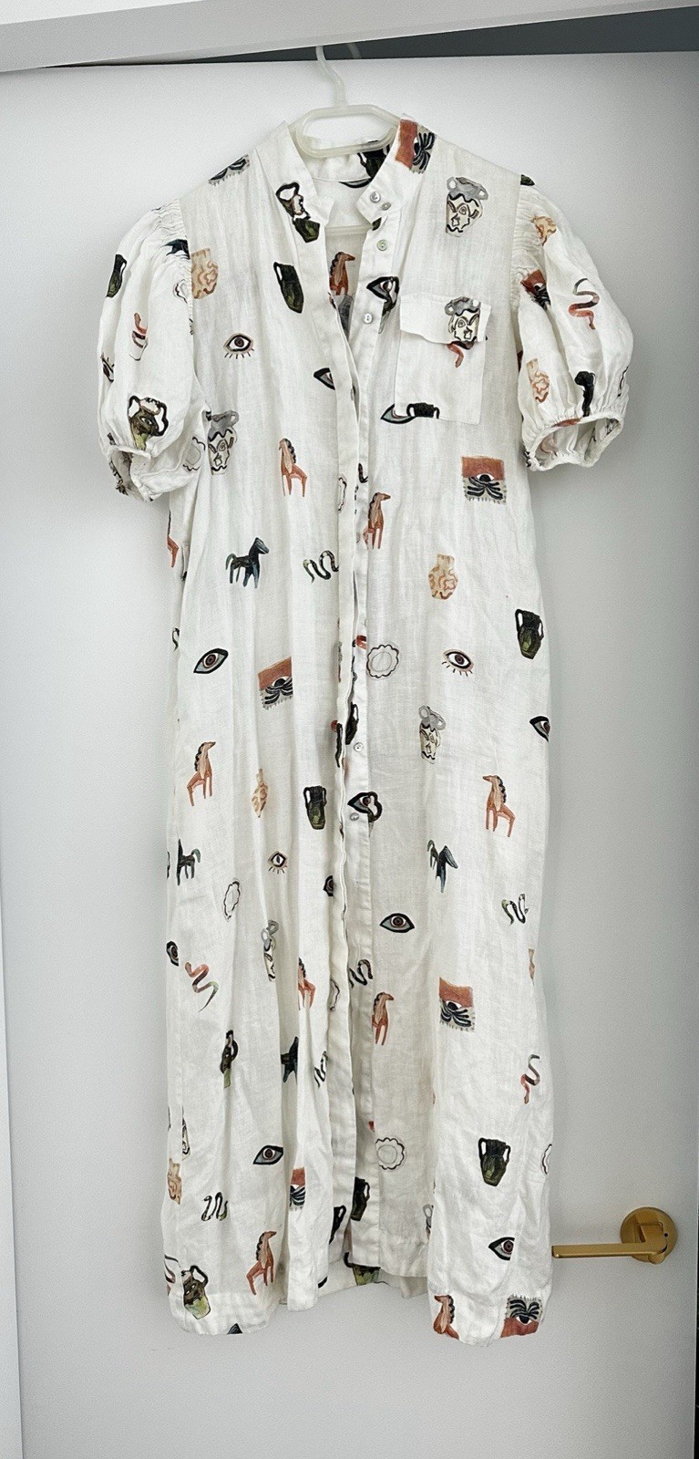 ALEMAIS Hera white/ivory Linen Shirt Dress Size 8, Midi, Puff Sleeve, Pockets