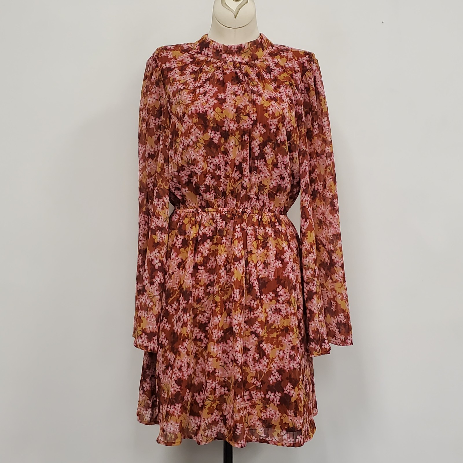 Vici Womens Flare Sleeve Open Back Boho Floral Dress Size S Red High Neck Boho