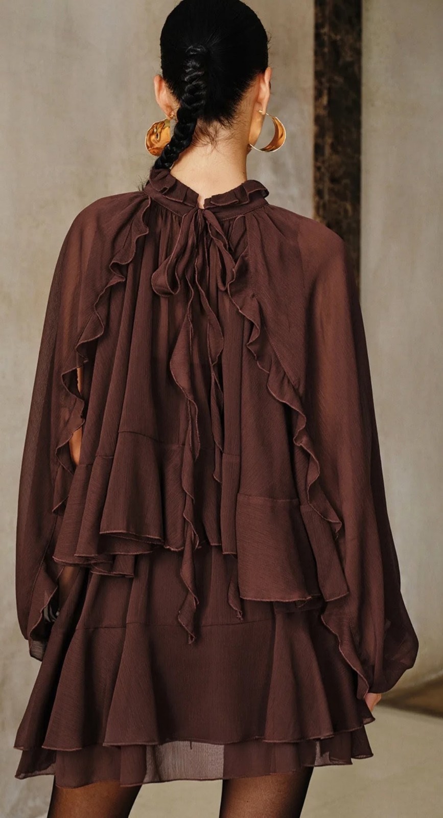 Commense M Brown Tiered Ruffle Chiffon Mini Dress With Ruffle Cape Top