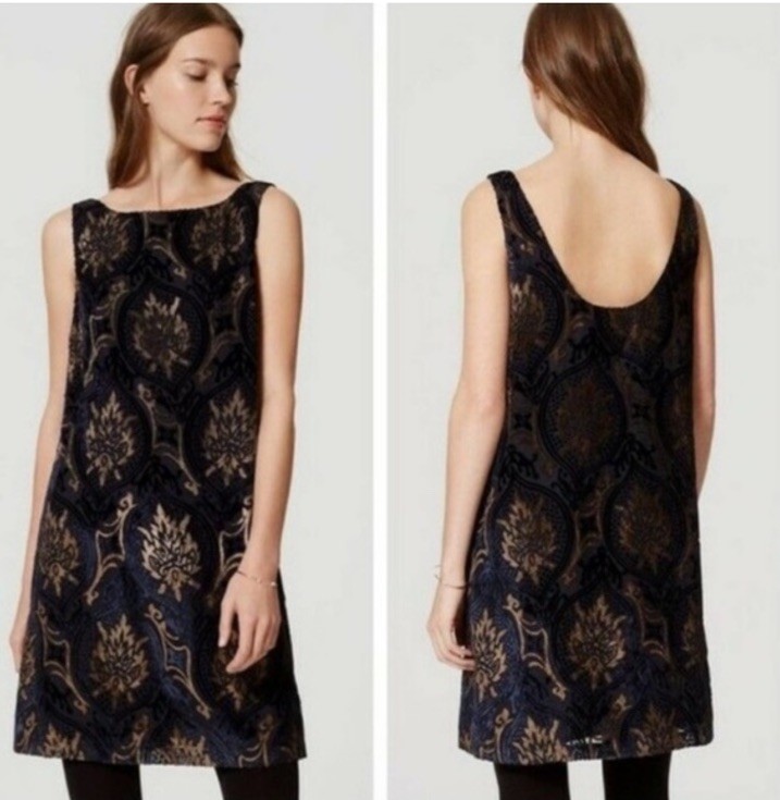 LOFT Velvet Burnout Dress Large Navy Brown Paisley Sheath Sleeveless Holidays
