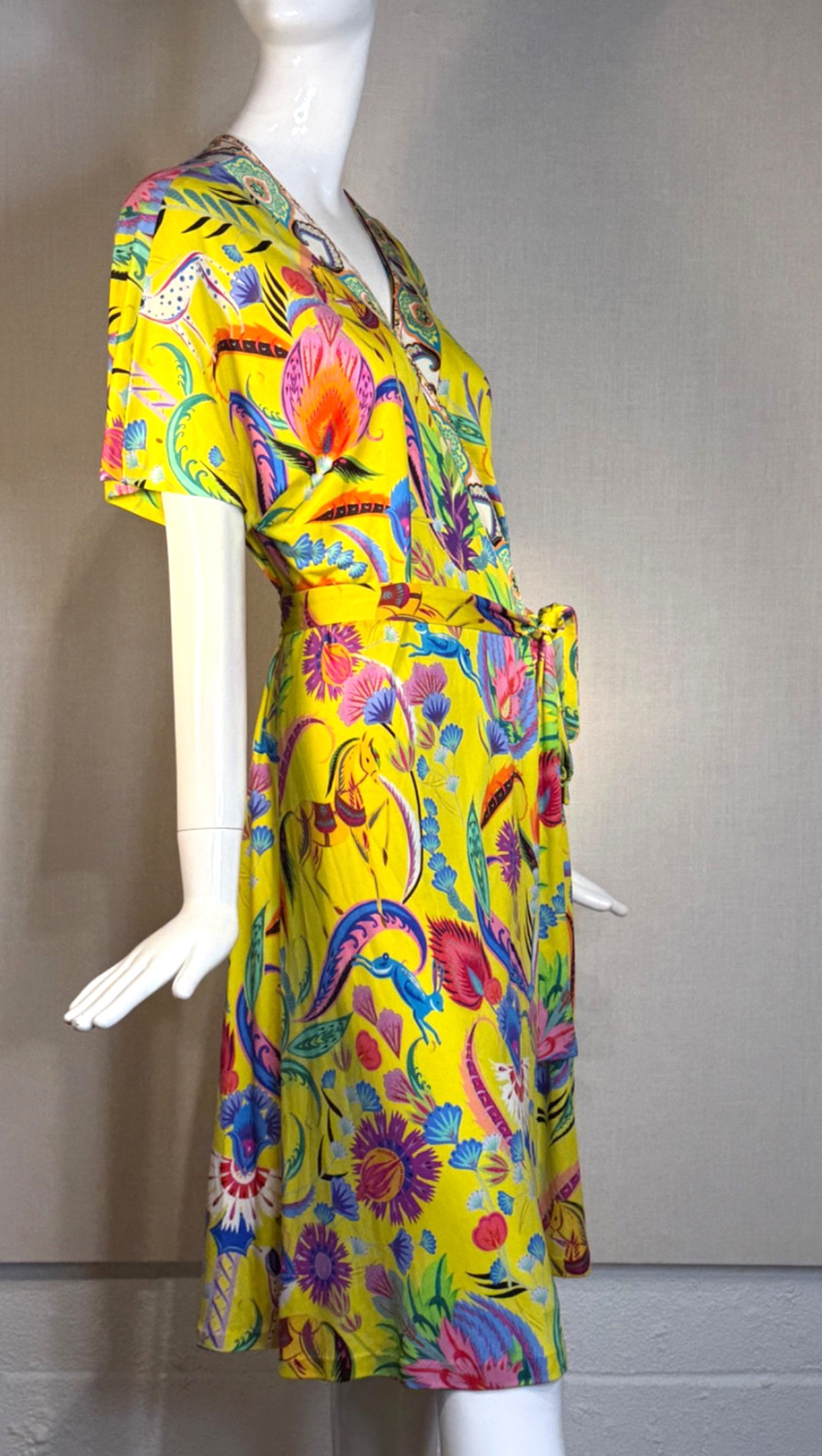ETRO Milano SILK JERSEY Yellow Print Wrap Dress SIZE IT46 US10 , S/S 2018 NWOT