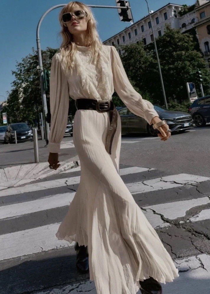 ZARA NEW WOMAN BELTED LACE MIDI DRESS RUFFLE MID ECRU Size L ReF: 5029/198/715