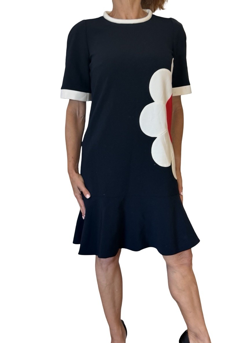 Edward Achour Paris Dress Navy Flower Applique Mod Fashion Pop Art 60’s 38/4