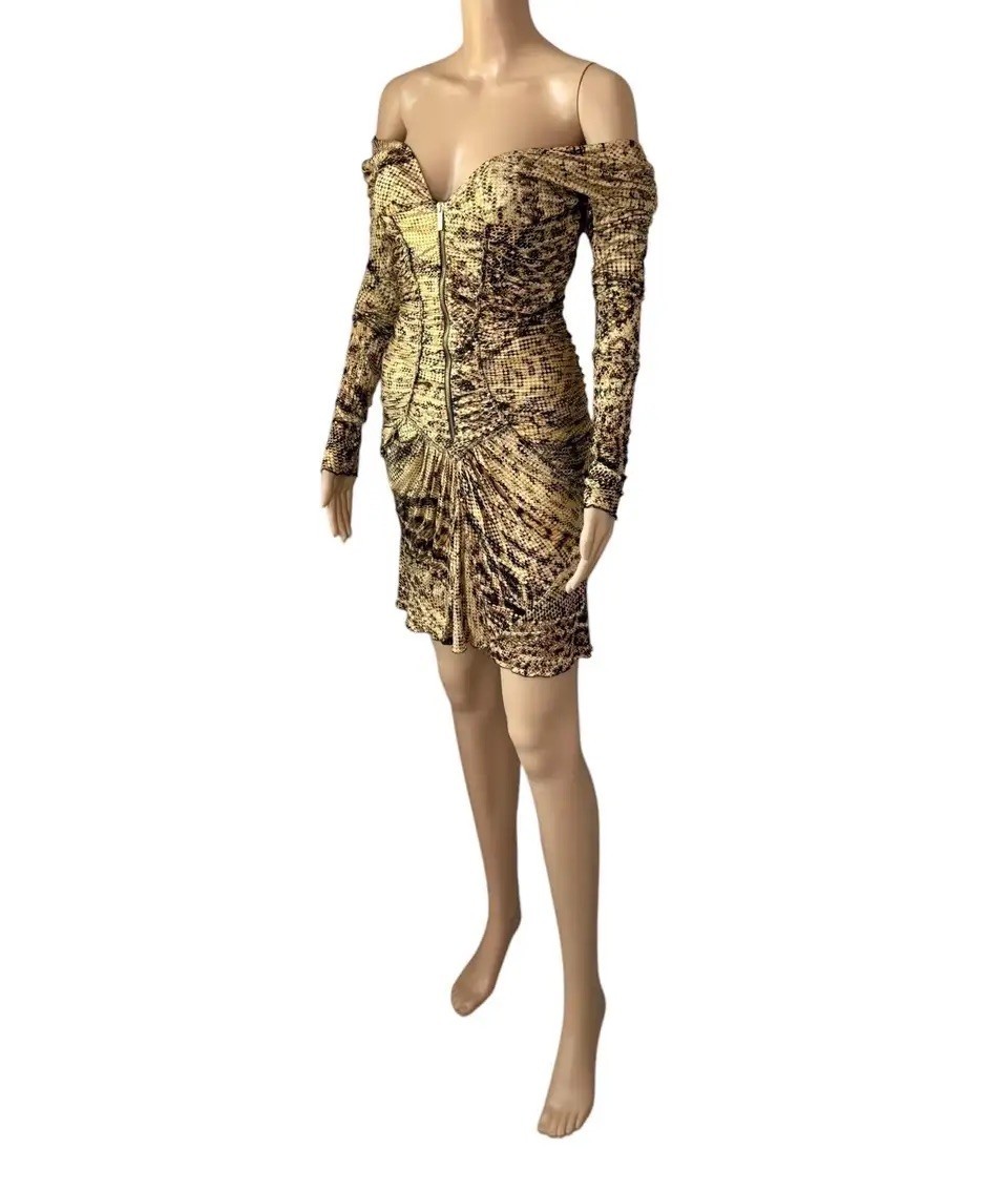 Roberto Cavalli F/W 2003 Runway Plunging Bustier Ruched Zipper Metallic Dress