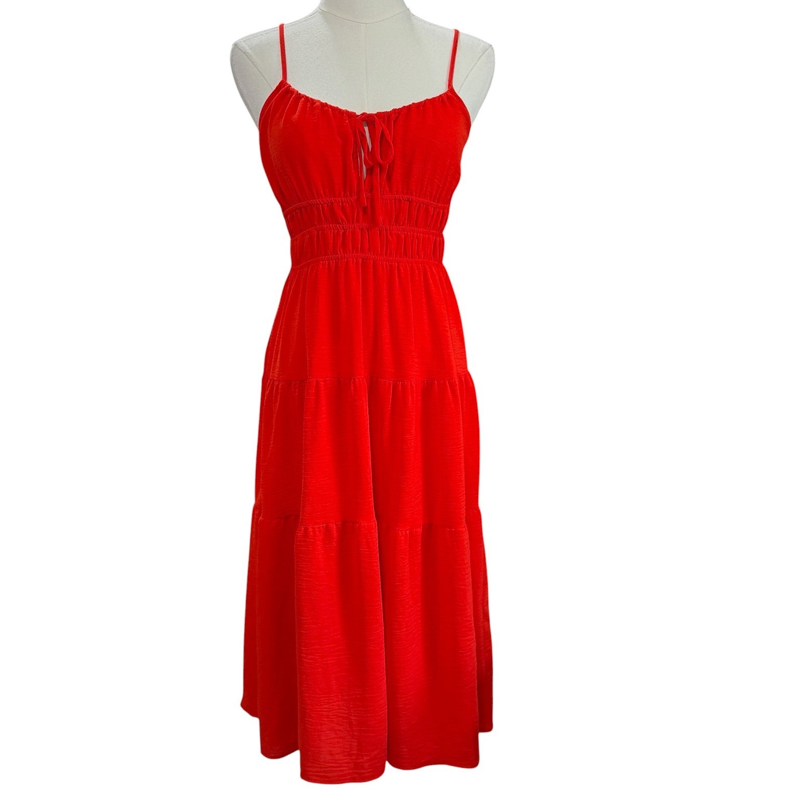 Monteau Los Angeles Orange Red Smocked Tiered Midi Dress S Boho Beach Festival