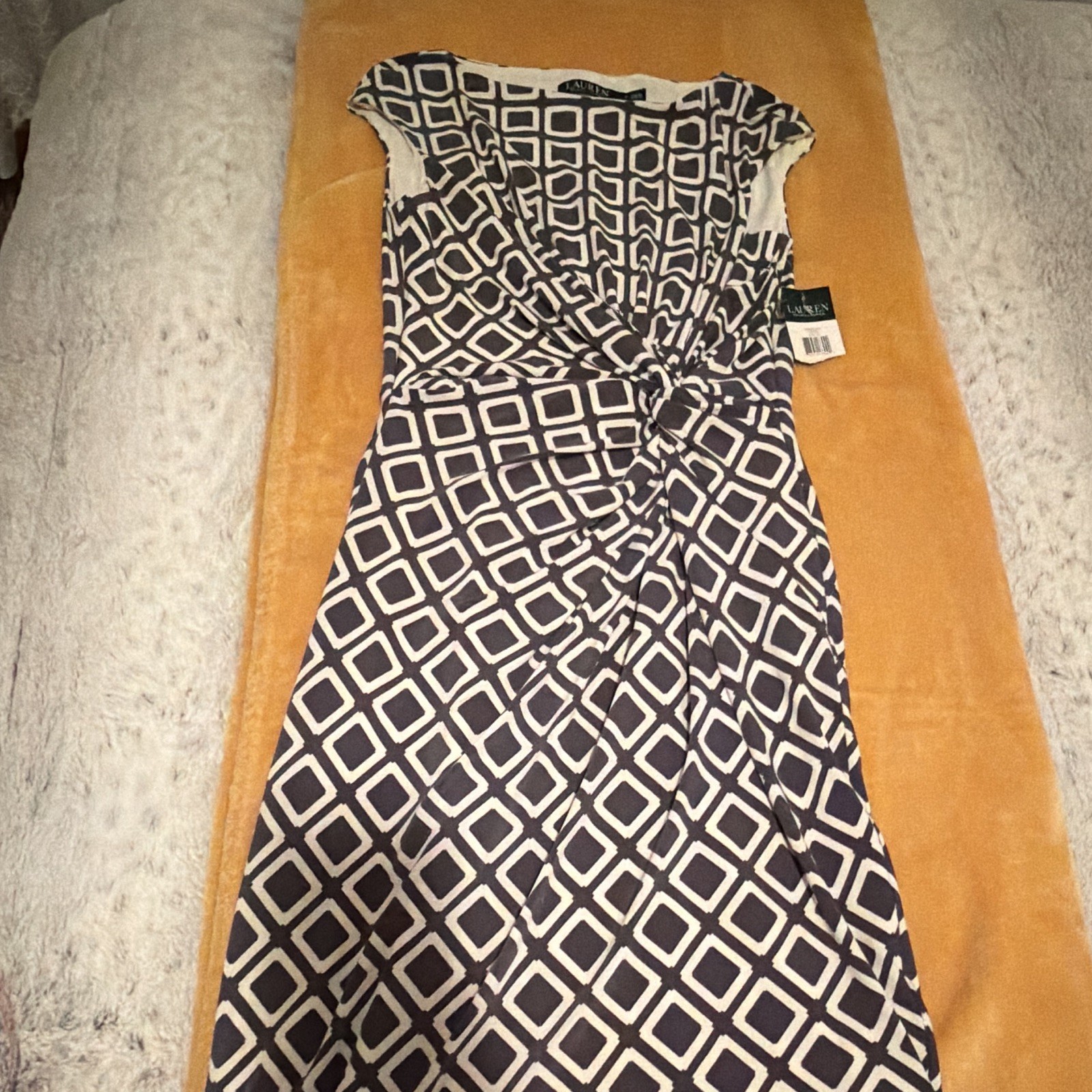 Lauren Ralph Lauren Gray Geometric Twist Sheath Long Dress 4 Boat Neck Silk