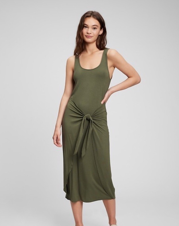 NWT GAP Green Sleeveless Midi Tie Front Tank Dress Small Tall Comfy/Stretchy
