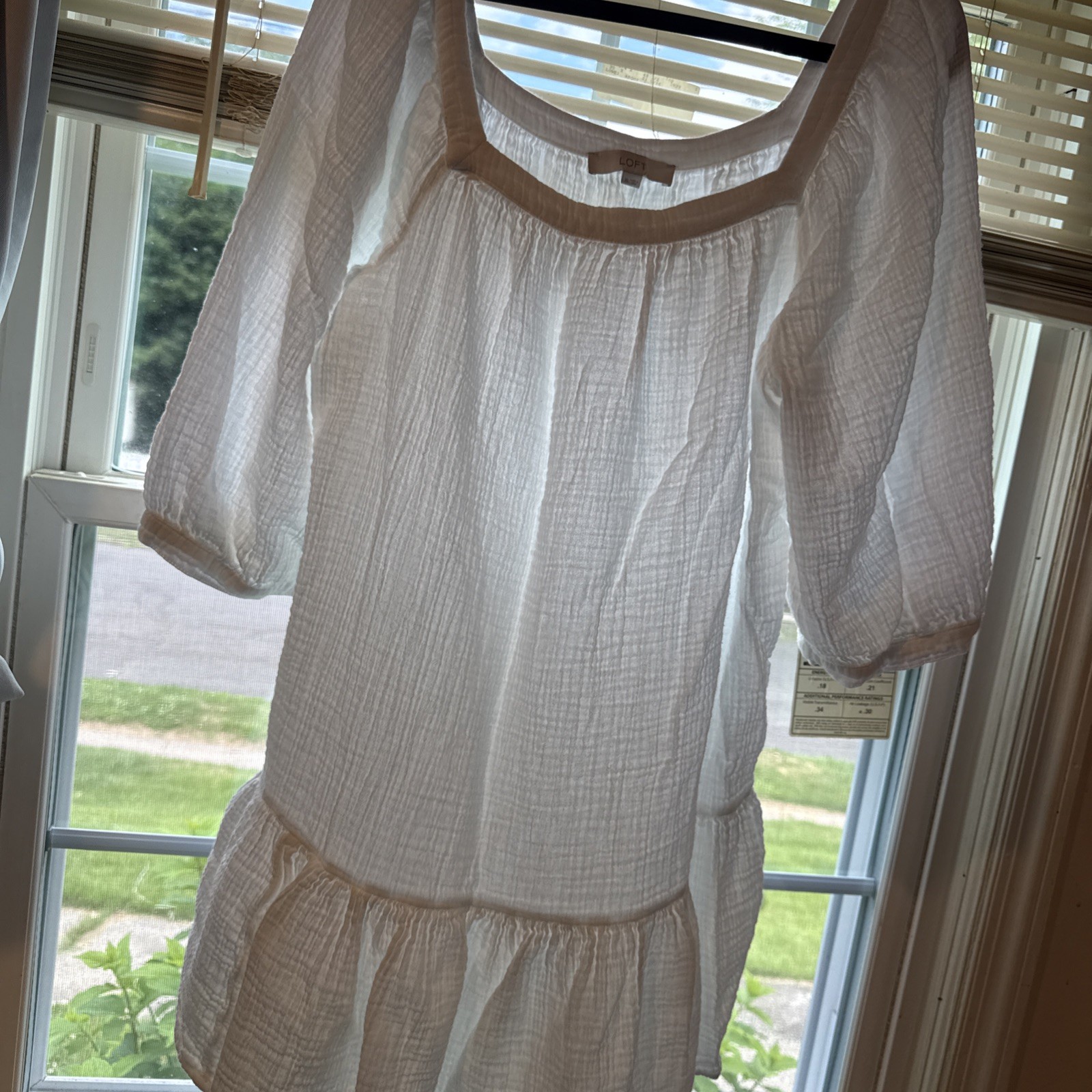 LOFT White Shift Dress Cotton Crinkle Square Neck 3/4 Sleeve Ruffle Hem XL