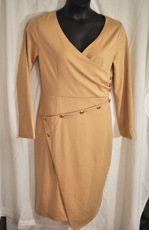 women’s tan knit unique dress size large long sleeves gold button back zipper
