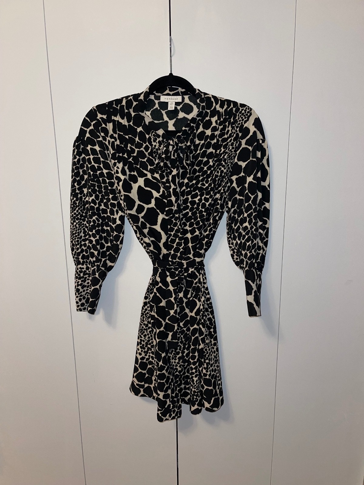 Topshop Animal Print Tie Neck Mini Dress Long Sleeve Belted Women’s US 4