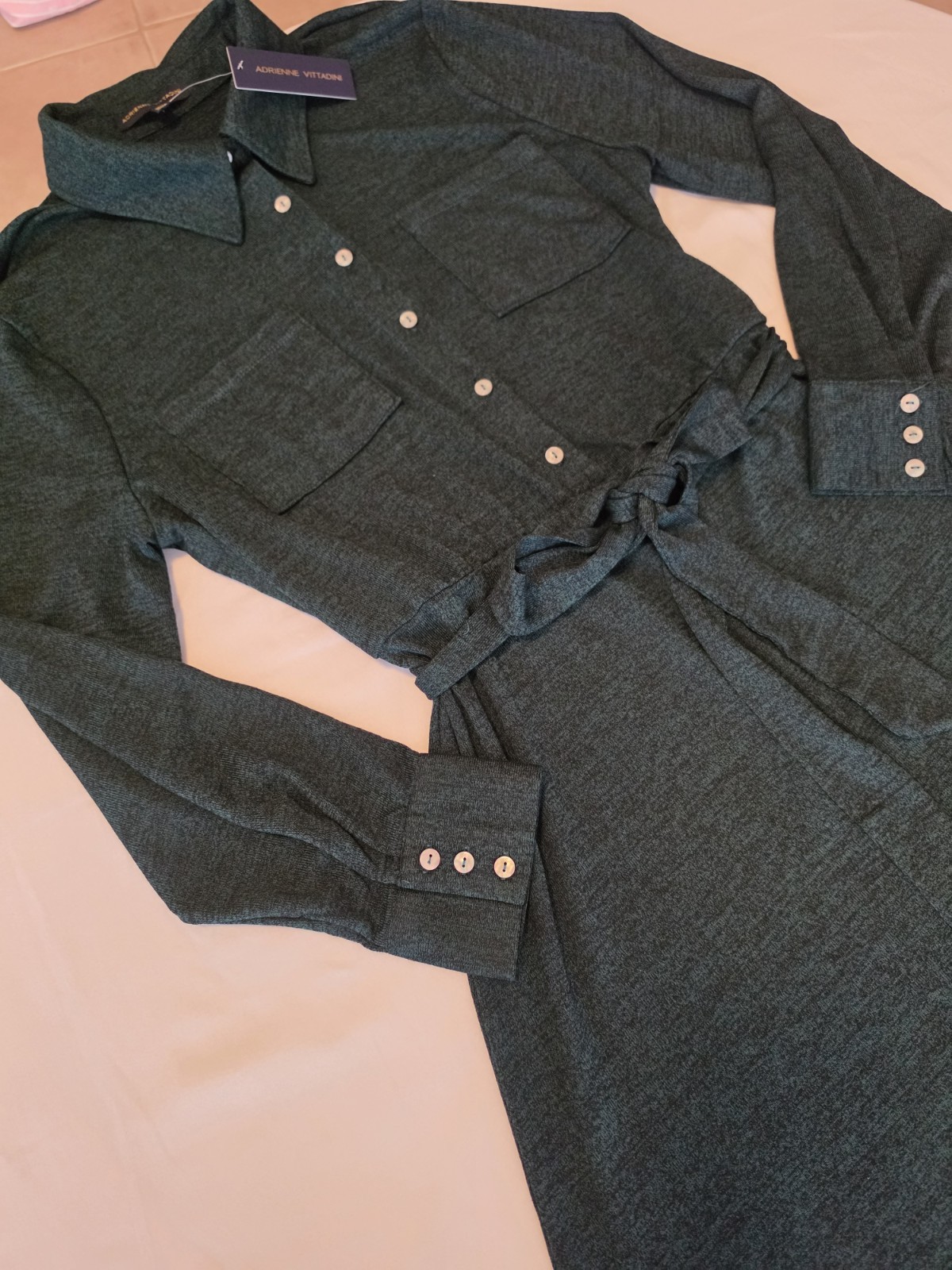 Adrienne Vittadini Long Sleeve Collared Belted Shirt Dress NWT XL Dark Green