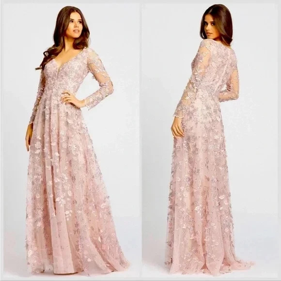 Mac Duggal 70224 Floral Applique Long Sleeve Illusion Gown Rose Pink Size 12 NWT