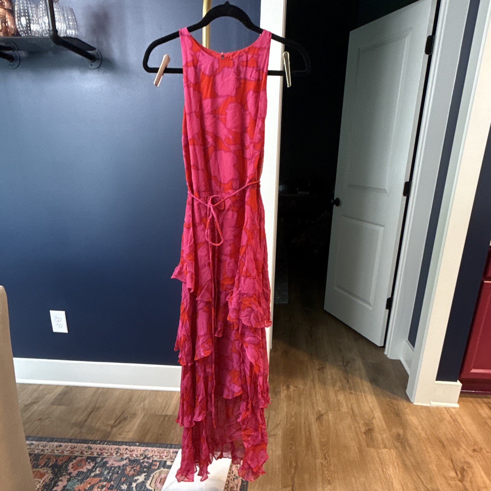 Boden 6R Pink Orange Floral Maxi Dress Sleeveless Ruffle Tie Waist Long