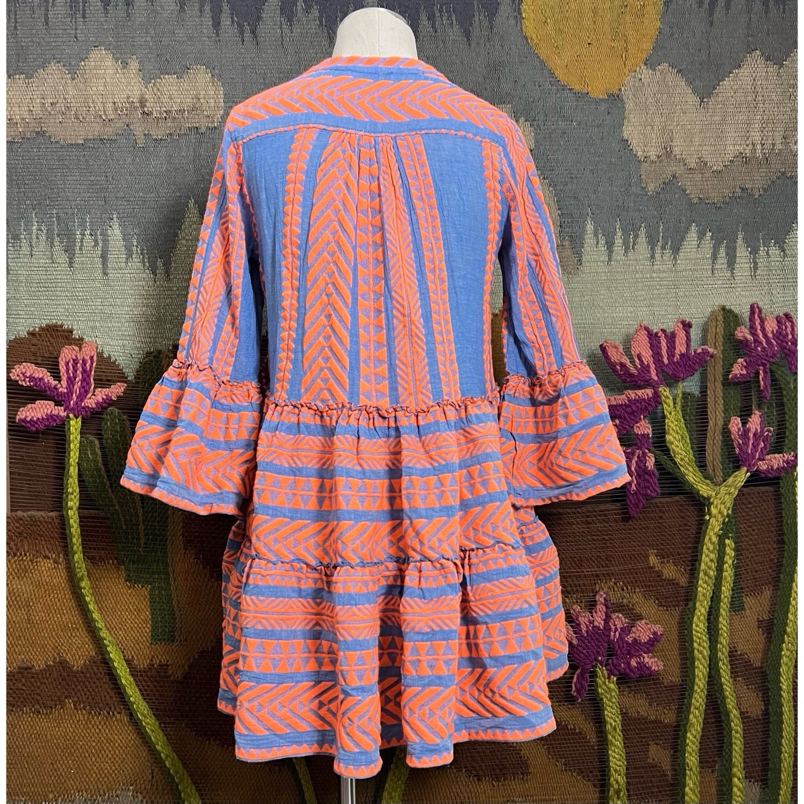 Devotion Twins Embroidered Orange Chambray Blue Embroidered Mini Dress XS