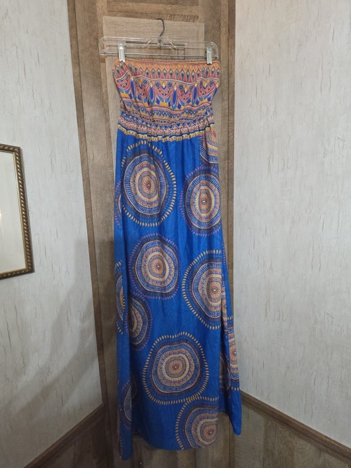 Maxi Dress WEST 36TH Strapless Blue w/ Yellow And Pinks Size Medium