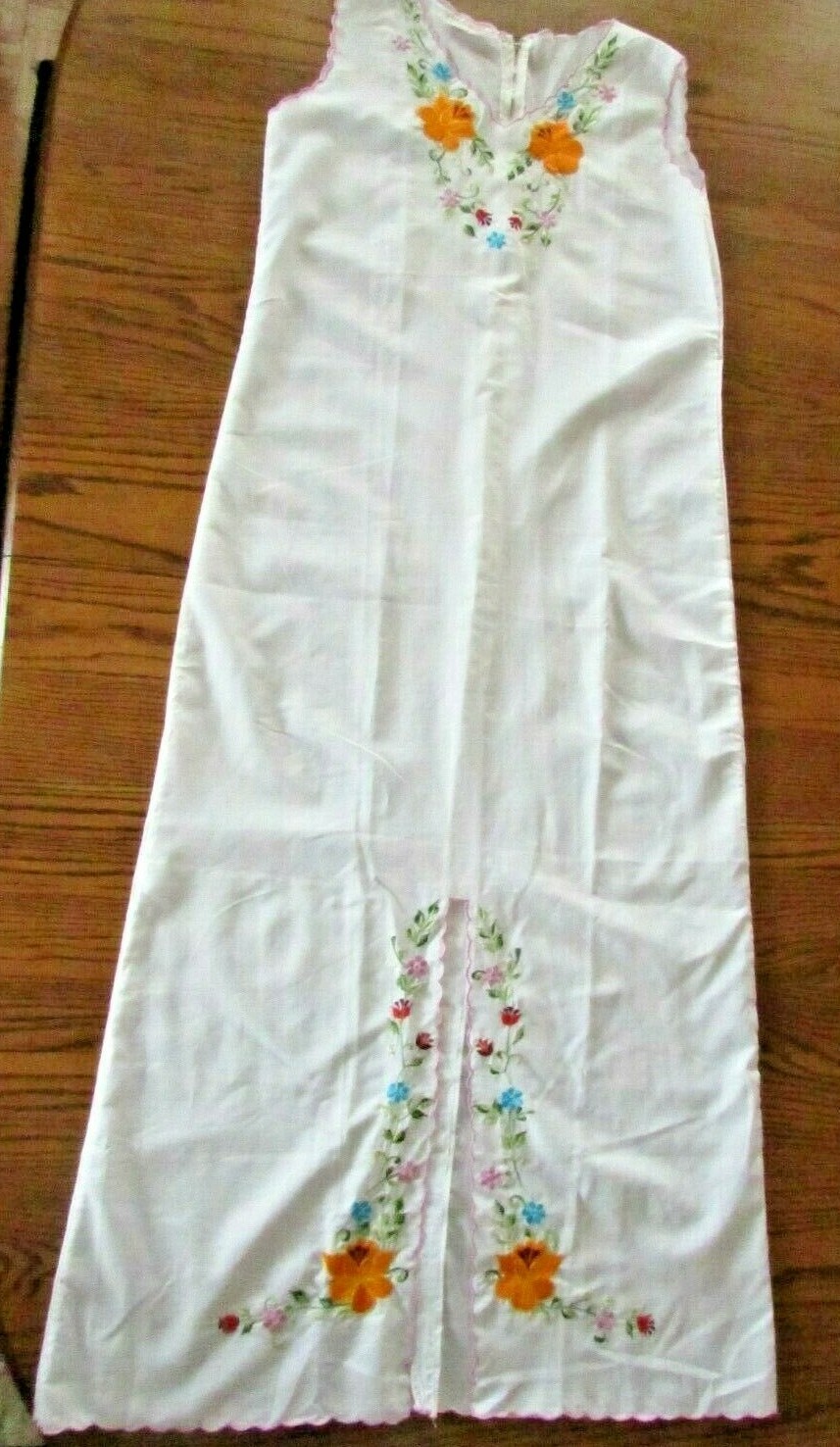 Embroidered Made in Mexico Boho Long White Shift Dress Sleevless Size M