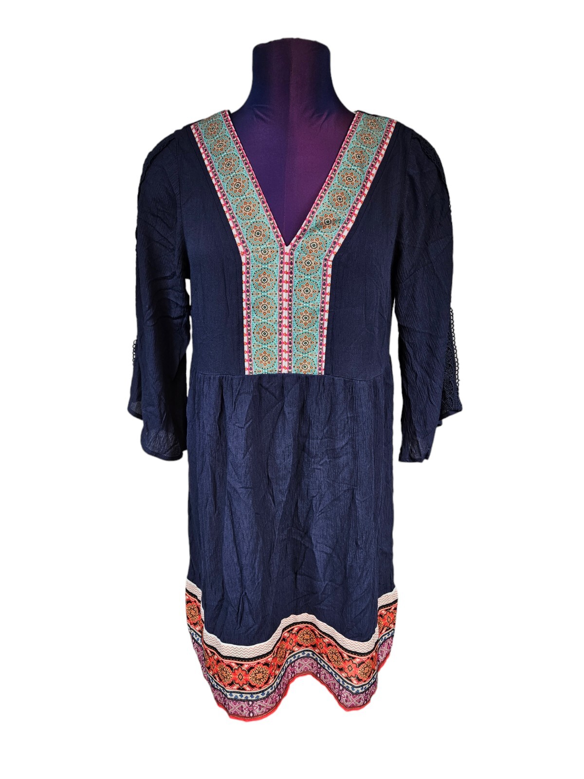 NWT White Mark Navy Boho Gabrielle Embroidered Dress Size Small Women’s G90