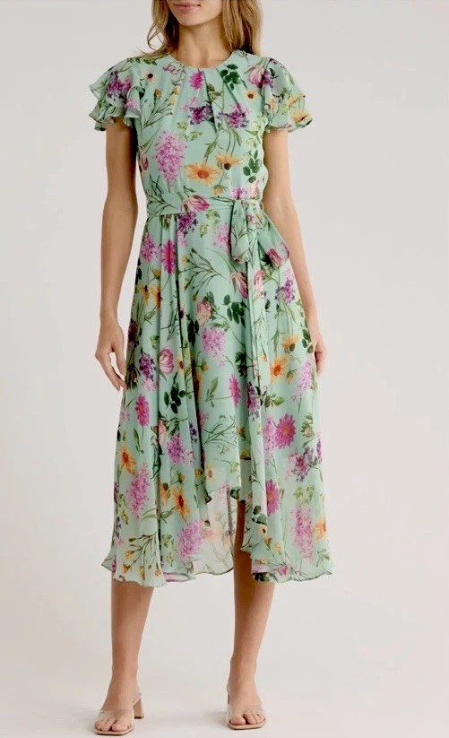 Eliza J Short Sleeve Floral Chiffon Hi Low Dress Green Size 8 NWT