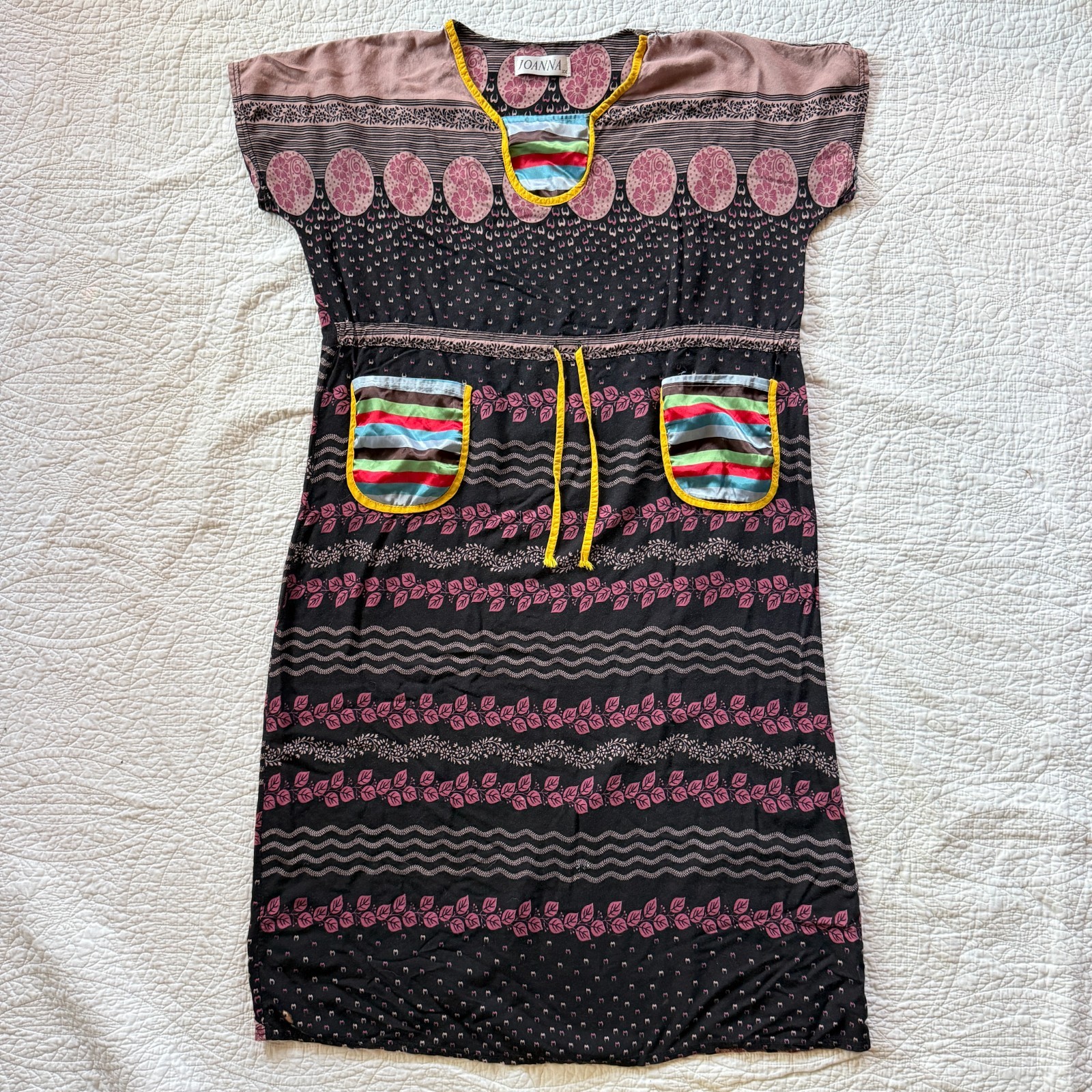 Joanna Black Patterned Patchwork Dress Pockets Colorful Trim XXL Earthy Boho 90s