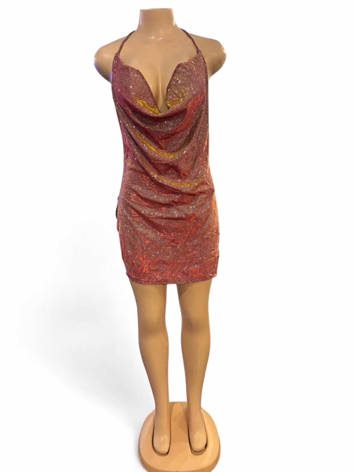 SHEIN SXY Pink/Gold Glitter Mesh Cowl Neck Backless Side Slit Mini Dress L