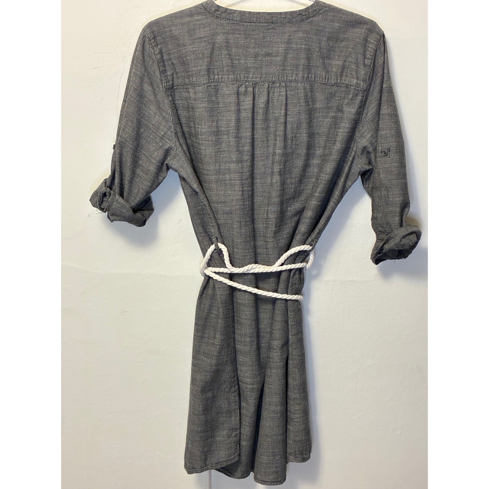 Chambray Button Down Shirt Dress Grey Blue Roll Tab Sleeve with Rope Belt