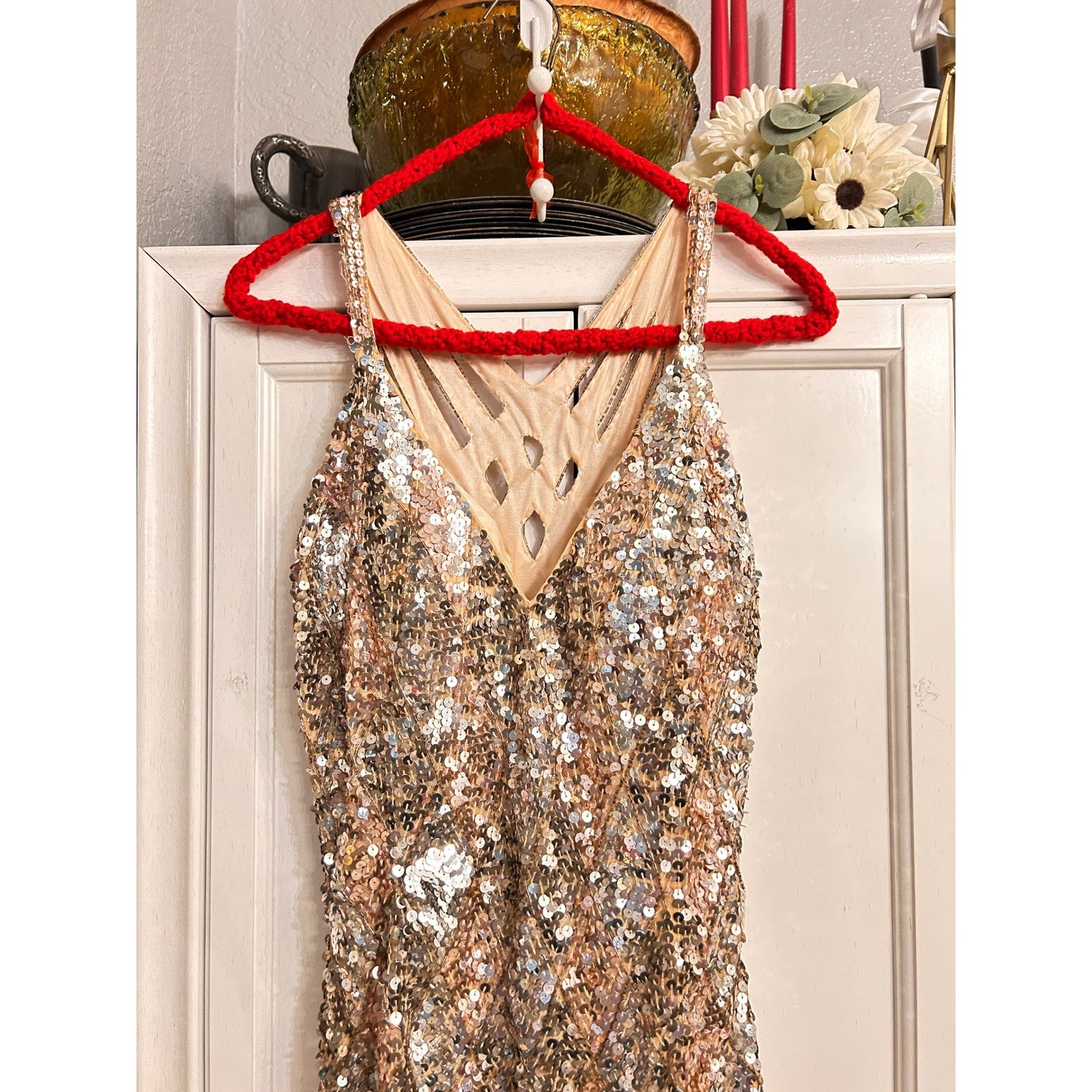 Gold Silver Sequin Formal Gown High Slit Maxi Dress MEDIUM Holiday Prom Party