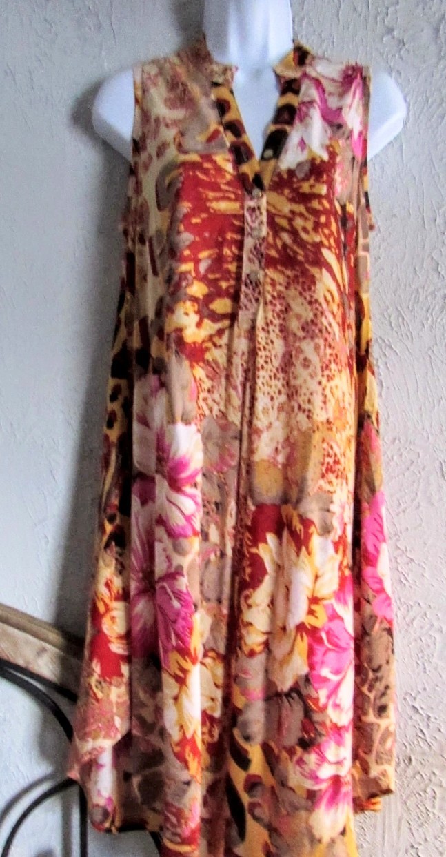 Seven Islands Size S,vibrant floral artisy print, 0 Rayon Flared dress, light