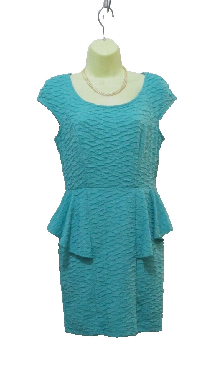 Forever 21 Peplum Waist Plisse Dress sz 8 Turquoise Blue Textured Stretch