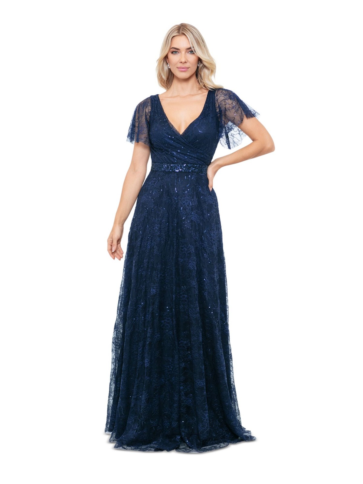 B&A BY BETSY & ADAM Womens Navy Lined Flutter Sleeve Gown Dress 4