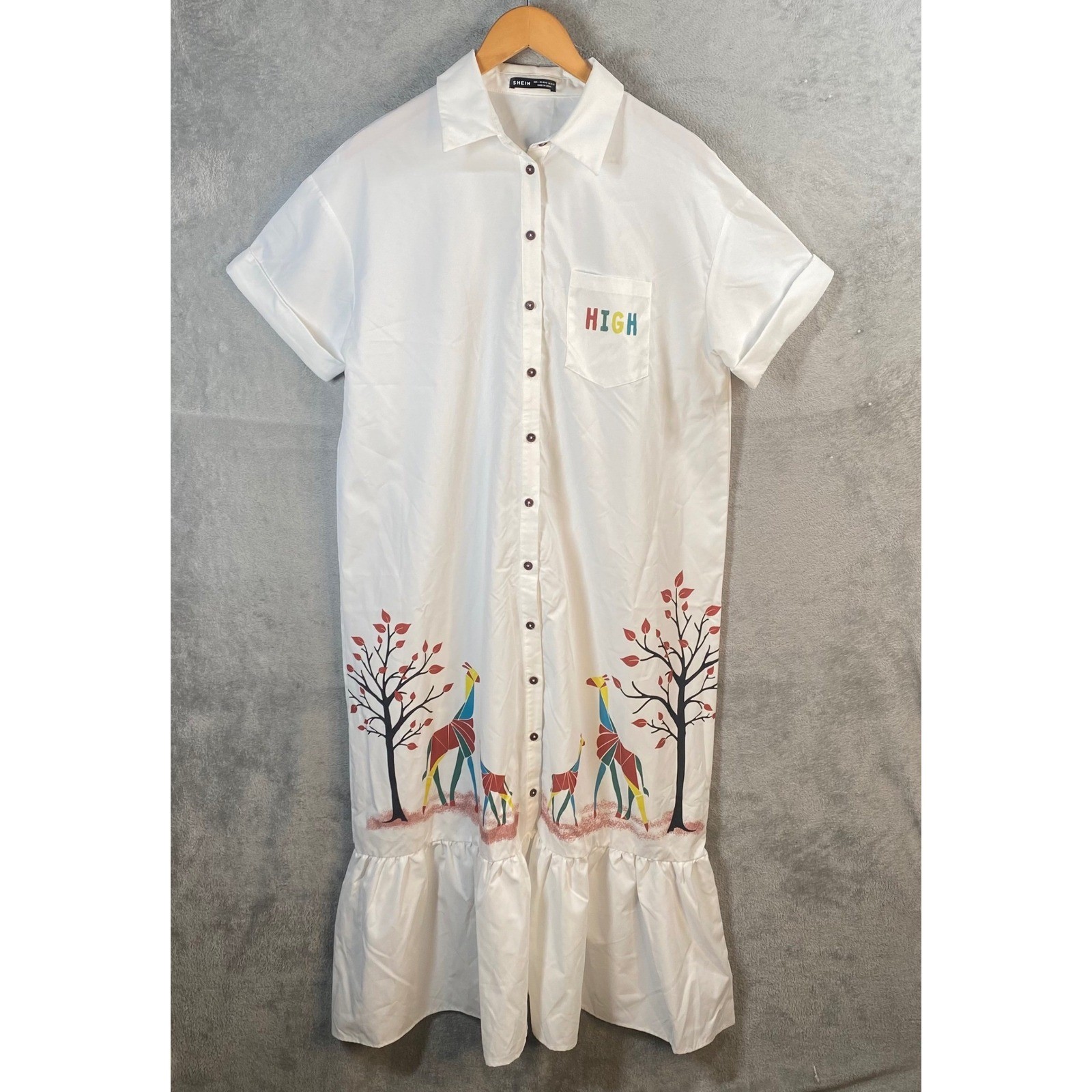 Shein Shirt Dress Large Giraffe Graphic Ruffle Hem Maxi Button Up Teacher Artsy