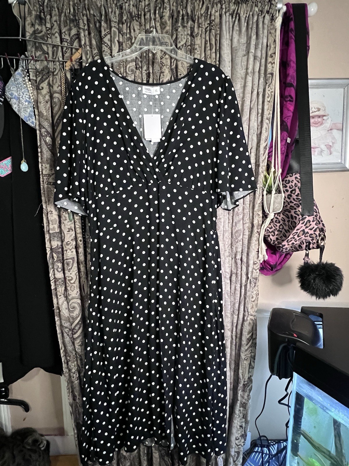 Tinsel XL Black White Polka Dot A-Line Midi Dress V-Neck Flutter Sleeve
