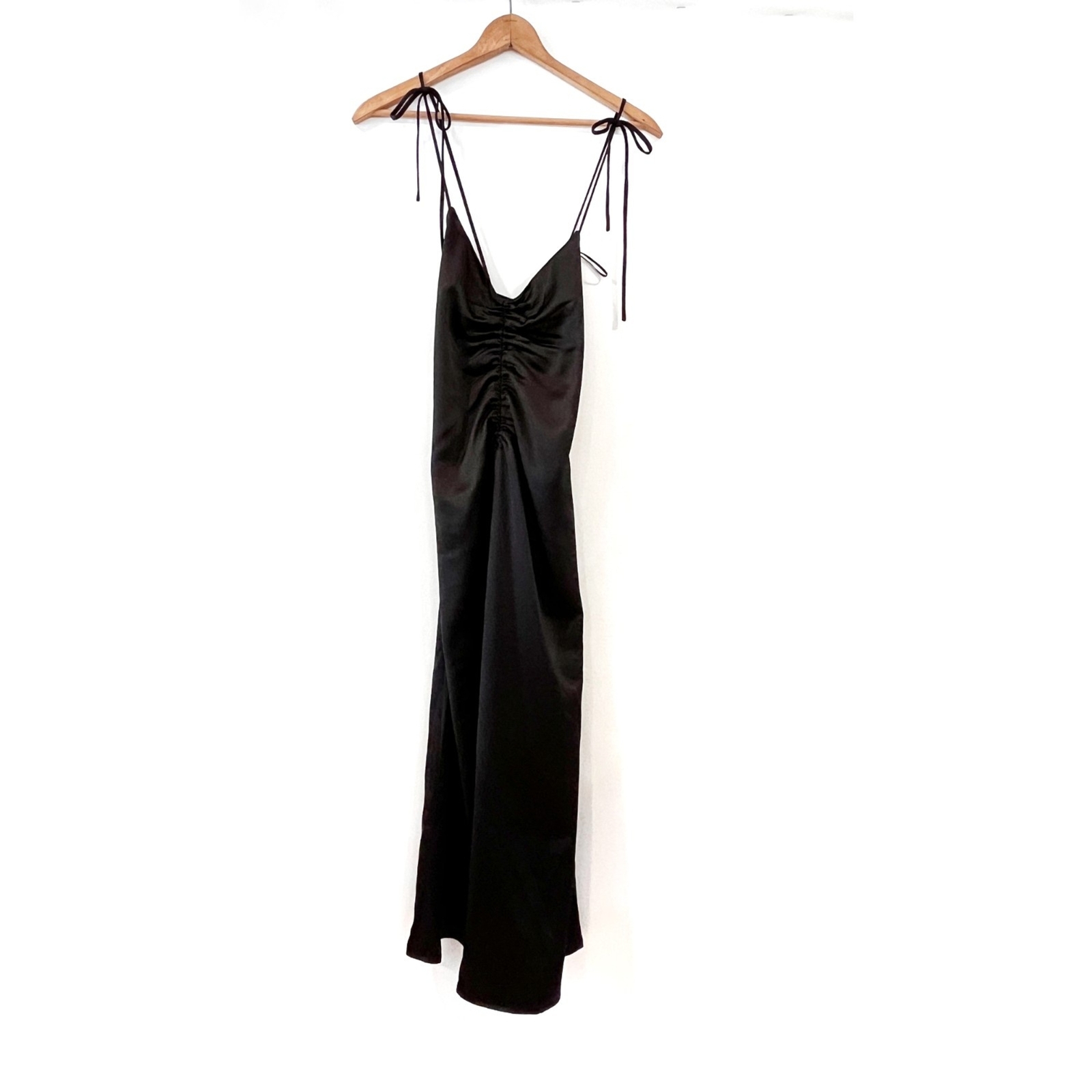 Jason Wu Black Ruched Satin Midi Slip Dress Large Ruched Front Cocktail