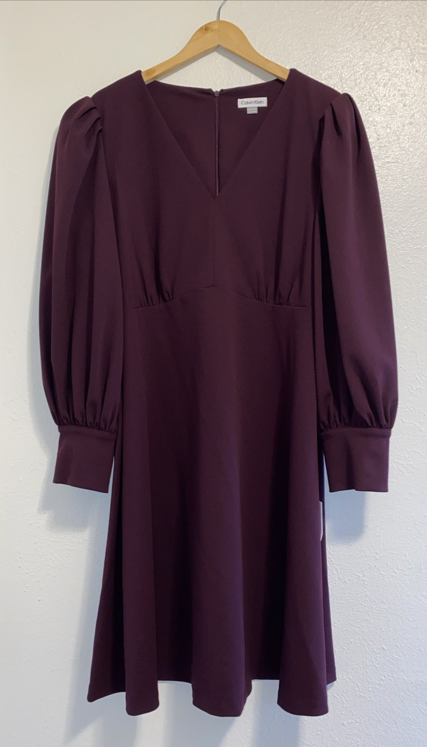 Calvin Klein Wedding Party Aubergine Puff Sleeve Sheath Dress Size 18 NWT