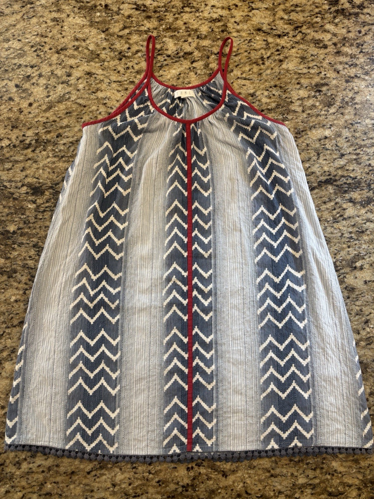 THML Women’s Blue/White/Red Chevron Cotton Spaghetti Strap Boho Tribal Dress S