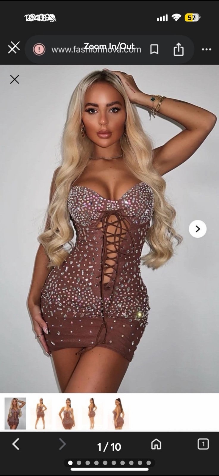 Fashion Nova Brown Rhinestone Bodycon Mini Dress xs Sweetheart Lace-Up Strappy