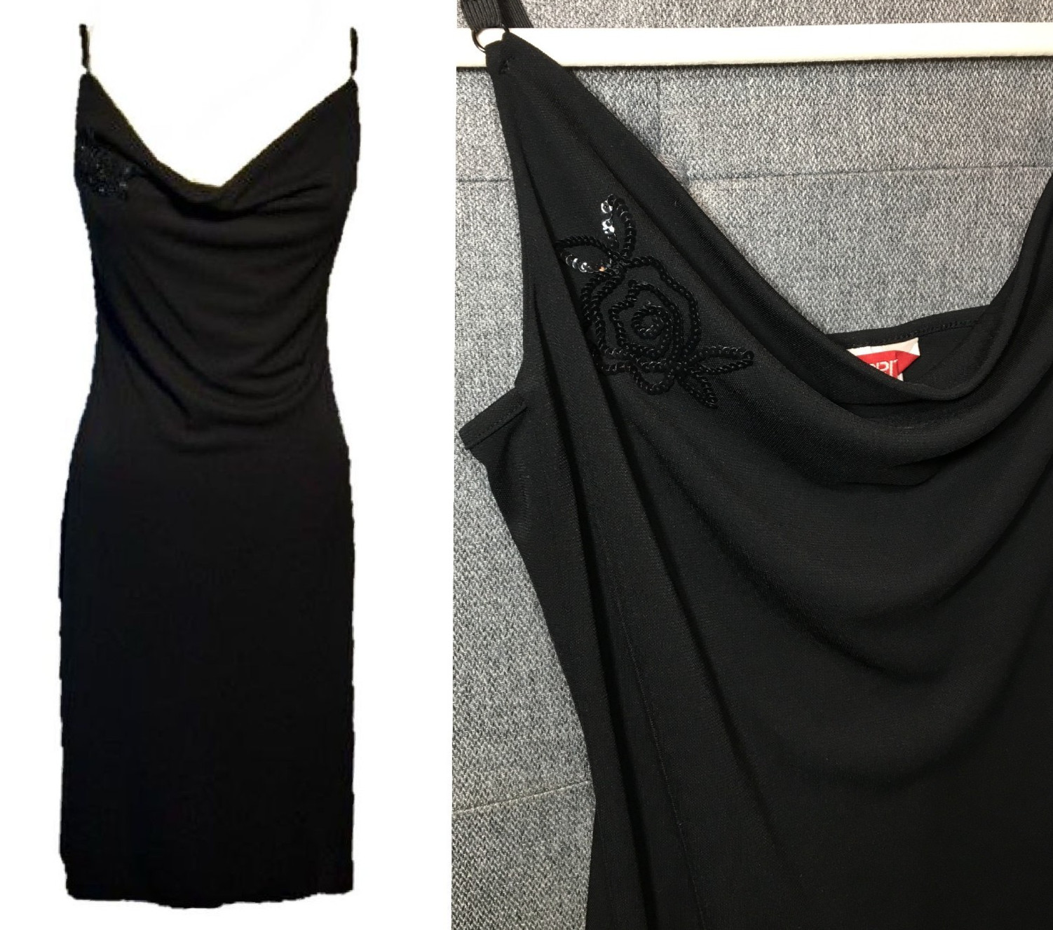 ESPRIT Black Slip Dress (SMALL) Vintage Y2K Stretch Elastic Straps Sequin Flower