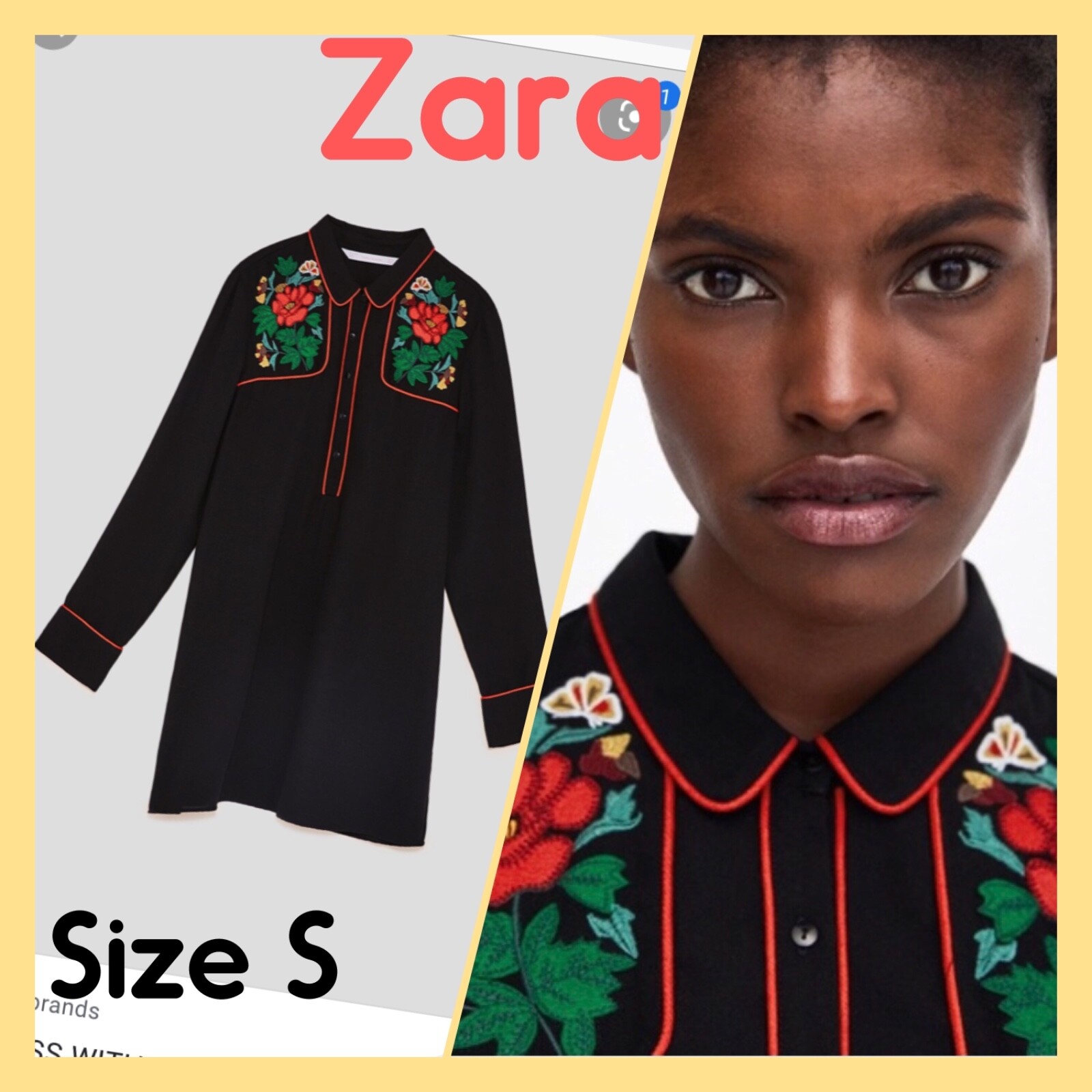 ZARA🌺Floral Embroidery Short Shirt Dress🌺Contrast Piping 🌺 Black (S) 7521/332