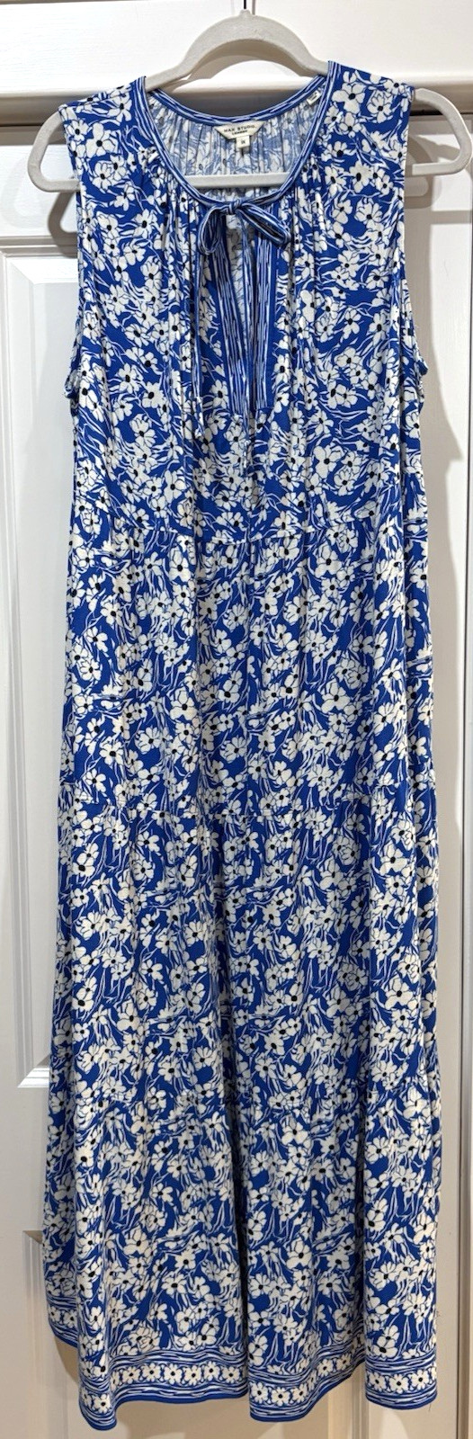 Max Studio London Plus 1X Blue White Floral Midi Dress Sleeveless Pockets Tie